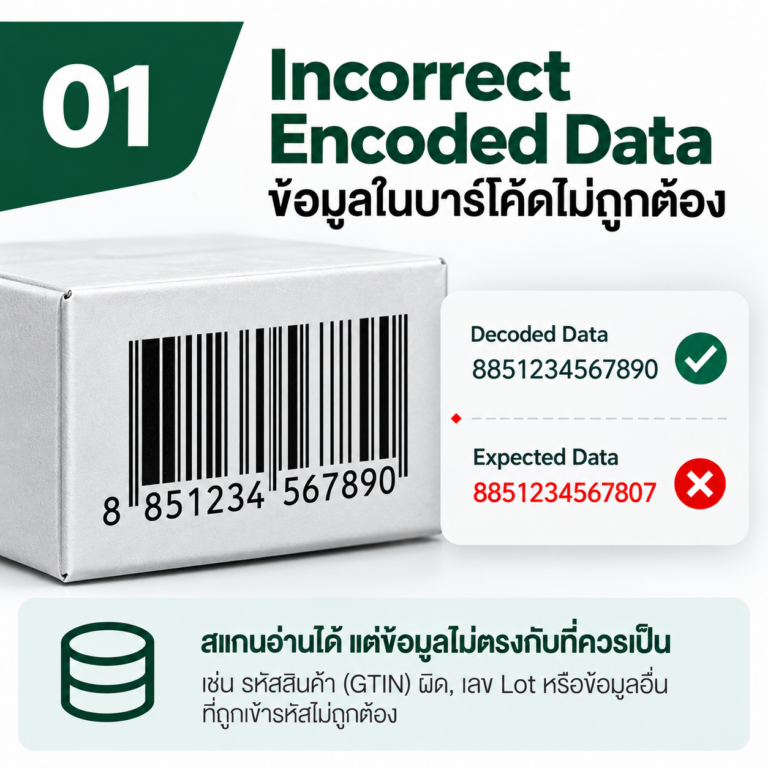 ภาพตัวอย่างบาร์โค้ด 1D ที่ข้อมูลไม่ตรงกับ Master Data แม้สามารถสแกนอ่านได้ แสดงความเสี่ยงจากรหัสสินค้าหรือข้อมูลที่เข้ารหัสผิด