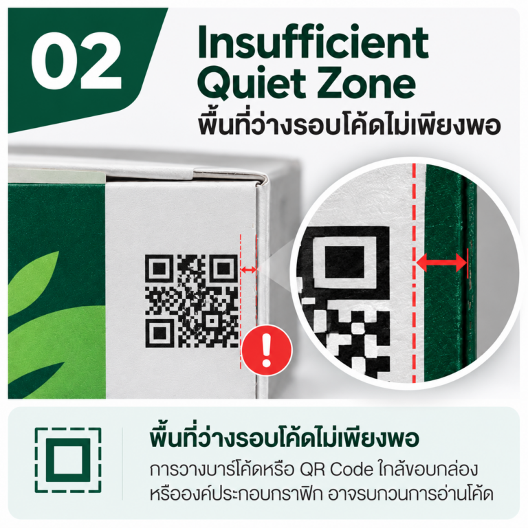 ภาพตัวอย่าง QR Code บนกล่องบรรจุภัณฑ์ที่มีพื้นที่ว่างรอบโค้ดไม่เพียงพอ เนื่องจากวางใกล้ขอบกล่องหรือองค์ประกอบกราฟิก