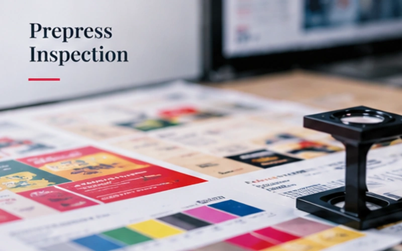 ภาพแผ่นพิมพ์ Proof พร้อม Color Control Strip และแว่นขยายตรวจงานพิมพ์บนโต๊ะ Prepress สำหรับตรวจสอบความถูกต้องก่อนผลิต