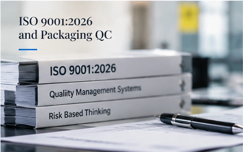 ภาพแฟ้มเอกสารระบบบริหารคุณภาพ ISO 9001:2026 วางบนโต๊ะพร้อมเอกสารตรวจสอบคุณภาพและปากกา